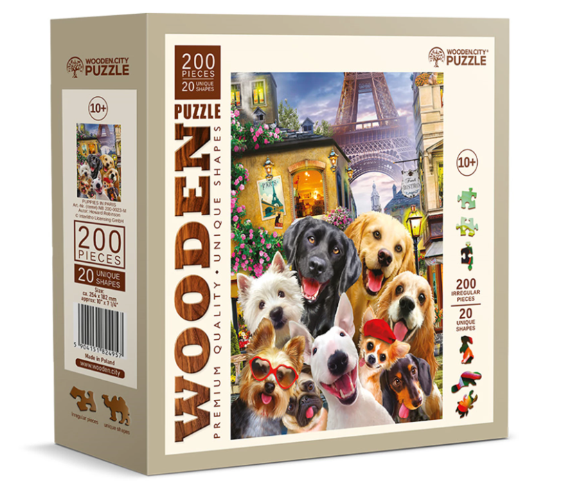 Puzzle Holz M Puppies in Paris 200 Teile, aussergew&#246;hnliche Formen, 25.4x18.2 cm